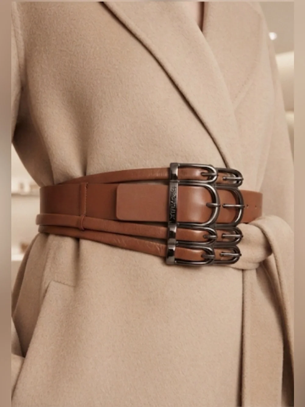 SPORTMAX Max Mara Cognac Leather Multi-Strap Quad Buckle Waist Belt M NWOT